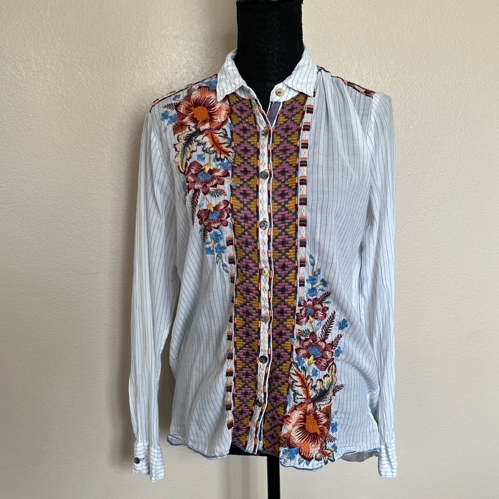 Johnny Was Caila Striped Blouse Floral Embroidery - Picture 2 of 11